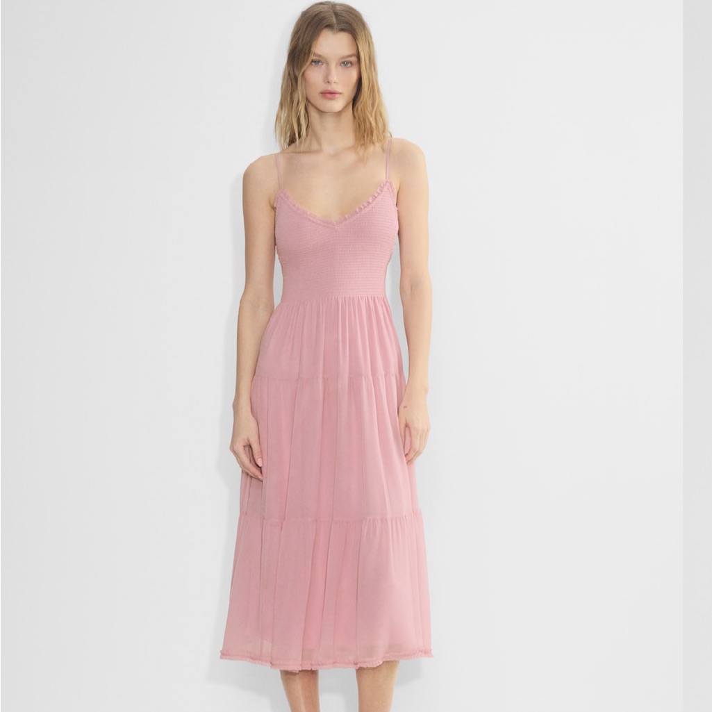 Aritizia Wilfred Chiffon Women’s Pink Smocked Bodice Midi Dress